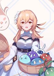 Rule 34 | 1girl, abyss mage (genshin impact), anemo slime (genshin impact), basket, blonde hair, blue dress, catmelon (user melon010203), chinese commentary, cleavage cutout, clothing cutout, commentary request, dendro slime (genshin impact), detached sleeves, dress, electro slime (genshin impact), flower, genshin impact, hair flower, hair ornament, highres, hydro slime (genshin impact), lumine (genshin impact), open mouth, pyro slime (genshin impact), short hair with long locks, slime (genshin impact), solo, white flower, yellow eyes