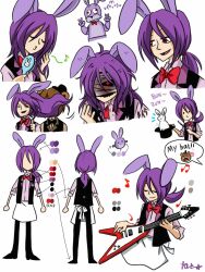 Rule 34 | 2boys, :3, animal ears, apron, bad id, bad tumblr id, black vest, bonnie (fnaf), bonnie (withered) (fnaf), bow, bowtie, closed eyes, closed mouth, commentary, electric guitar, english commentary, five nights at freddy&#039;s, five nights at freddy&#039;s 1, floating hair, freddy fazbear, guitar, instrument, long hair, low ponytail, male focus, multiple boys, multiple views, personification, pole-bear, ponytail, purple hair, rabbit ears, red bow, red bowtie, smile, vest, white apron