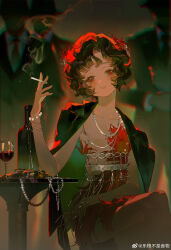 1girl 3boys absurdres alcohol bare_arms bare_legs black_hair black_suit blurry blurry_background bottle bracelet cigarette closed_mouth crossed_legs cup curly_hair dark_background dress drinking_glass elbows_on_table feather_dress feather_hair_ornament feathers feet_out_of_frame flapper_girl formal_clothes hair_ornament hand_up highres holding holding_cigarette jewelry lege_bushi_shiwu multiple_boys necklace pearl_bracelet red_eyes red_feathers red_wine reverse:1999 round_table schneider_(reverse:1999) short_dress short_hair sitting smile smoke solo_focus suit table watermark weibo_watermark wine wine_bottle wine_glass