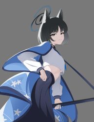 1girl absurdres animal_ears black_eyes black_hair black_sailor_collar blue_archive blue_halo blue_haori blue_neckerchief cat_ears cat_girl grey_background halo haori highres japanese_clothes kikyou_(blue_archive) kimono_on_shoulders long_sleeves looking_at_viewer mandara3a neckerchief sailor_collar school_uniform serafuku shirt short_hair skirt solo