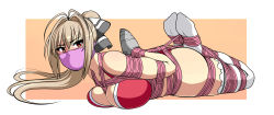 10s 1girl amagi_brilliant_park antenna_hair arms_behind_back ass bdsm bikini bondage bound bow breast_press breasts cleavage cloth_gag female_focus gag gagged hair_bow highres hogtie improvised_gag jam-orbital large_breasts long_hair looking_at_viewer lying no_shoes on_stomach cloth_gag over_the_nose_gag ponytail red_bikini red_eyes reverse_prayer rope sento_isuzu skindentation solo swimsuit thighhighs white_thighhighs