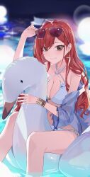 Rule 34 | 1girl, absurdres, afloat, arisugawa natsuha, bikini, bird, blush, bracelet, breasts, brown eyes, cleavage, collarbone, commentary, earrings, eimizzzzz, eyewear on head, hair between eyes, highres, idolmaster, idolmaster shiny colors, inflatable toy, jewelry, large breasts, long hair, looking at viewer, red hair, sitting, smile, solo, sunglasses, swan, swimsuit, water