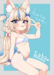 1girl animal_ear_fluff animal_ears bikini blonde_hair blue_eyes blue_hair hajiwan001 highres indie_virtual_youtuber long_hair multicolored_hair navel sameko_saba solo striped_bikini striped_clothes swimsuit tongue tongue_out v