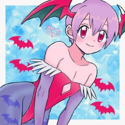 1girl animal_print artist_name bare_shoulders bat_print bat_wings blue_background collarbone darkstalkers demon_girl detached_sleeves flat_chest head_wings highres leotard lilith_(darkstalkers) outside_border pantyhose print_pantyhose purple_hair purple_pantyhose red_eyes red_leotard short_hair signature skm_nnm smile solo white_background wings