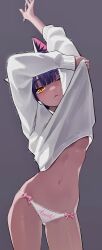 1girl absurdres animal_ear_fluff animal_ears arms_up blunt_bangs blush bow breasts cat_ears clothes_lift clothes_writing contrapposto cowboy_shot english_text fiodo gluteal_fold grey_background highres holding holding_pen lifting_own_clothes long_sleeves looking_at_viewer navel original panties pen pink_bow purple_hair short_hair simple_background small_breasts solo sweater sweater_lift underboob underwear white_panties white_sweater yellow_eyes