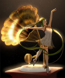 Rule 34 | 1girl, absurdly long hair, absurdres, ankle socks, aqua hair, arm up, armpits, asymmetrical legwear, bare arms, bare shoulders, black background, black bow, black bowtie, black choker, boots, bow, bowtie, bracelet, choker, closed eyes, closed mouth, dancing, dress, expressionless, full body, gramophone miku, hair between eyes, hair ornament, hatsune miku, highres, jewelry, kirina zero, lace, lace-trimmed thighhighs, lace trim, layered dress, leg up, light particles, light rays, long hair, miku symphony (vocaloid), outstretched arms, oversized object, phonograph, pointy nose, see-through dress layer, shoes, shorts, single shoe, single sock, single thigh boot, single thighhigh, socks, solo, strapless, strapless dress, thigh boots, thighhighs, twintails, very long hair, vocaloid, white boots, white dress, white shorts, white socks, white thighhighs