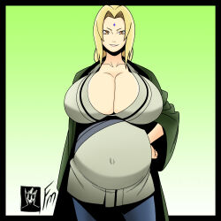 1girl absurdres blonde_hair breasts brown_eyes cleavage covered_navel facial_mark female_focus forehead_mark fungus-man hand_on_own_hip highres huge_breasts incredibly_absurdres looking_at_viewer medium_hair naruto_(series) pregnant simple_background solo tsunade_(naruto)