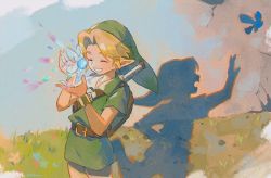 1boy belt blonde_hair closed_eyes fairy flower grass green_headwear green_tunic grin link male_focus navi nintendo outdoors parted_bangs pointy_ears rain_rkgk shadow shield shield_on_back short_hair short_sleeves shoulder_strap smile teeth the_legend_of_zelda the_legend_of_zelda:_ocarina_of_time tunic upper_body weapon weapon_on_back