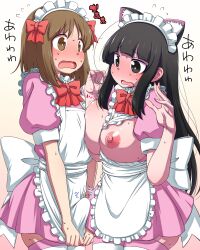 Rule 34 | 1boy, 1girl, animal ears, apron, between breasts, black eyes, black hair, blush, bow, breast press, breasts, breasts out, bright pupils, brown eyes, brown hair, bulge, cat ears, clothes between breasts, commentary request, crossdressing, dress, erection, erection under clothes, frilled apron, frills, full-face blush, gradient background, hair bow, hanya (hanya yashiki), highres, large breasts, maid apron, maid headdress, murayama katakuriko, musashi-kun to murayama-san wa tsukkiatemita, musashi taro, nipples, open mouth, pink dress, puffy short sleeves, puffy sleeves, red bow, shiny skin, short sleeves, sweat, thighhighs, trap, white apron, white pupils, white thighhighs