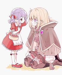 2girls age_difference aver_(yumenokessho) bang_dream! bang_dream!_it&#039;s_mygo!!!!! basket black_boots black_capelet blonde_hair blue_hair boots brooch capelet ccc_cloudy child dirty dirty_face doloris_(bang_dream!) dress hair_ribbon headpat jewelry kneehighs kneeling looking_at_another mary_janes misumi_uika multiple_girls puffy_short_sleeves puffy_sleeves purple_eyes red_dress red_shoes ribbon shoes short_hair short_sleeves simple_background socks standing thigh_boots togawa_sakiko two_side_up white_background white_socks yellow_eyes yumenokessho