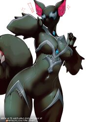 Rule 34 | !, 1girl, animal ears, arm spikes, black bodysuit, bodysuit, breasts, highres, large tail, marvel, marvel rivals, mask, official alternate costume, opalis, sharp teeth, simple background, solo, squirrel ears, squirrel girl, squirrel girl (marvel), squirrel girl (symbiote squirrel) (marvel), squirrel tail, symbiote, tail, tail mouth, teeth, thigh gap