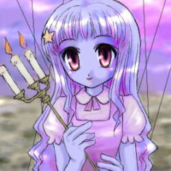 1girl 2000s_(style) brown_eyes candelabra candle candlestand closed_mouth collared_shirt colored_skin commentary_request dress feliciel hair_ornament long_hair looking_at_viewer lowres marionette_(ragnarok_online) pinafore_dress puffy_short_sleeves puffy_sleeves purple_dress purple_shirt purple_skin purple_sky ragnarok_online shirt short_sleeves sidelocks sky sleeveless sleeveless_dress smile solo star_(symbol) star_hair_ornament upper_body