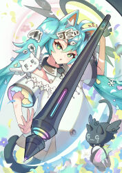 +_+ 1girl :o absurdres ahoge animal_ear_fluff animal_ears aqua_eyes aqua_hair blush bucket cat_ears collared_shirt commentary_request creature flower glowing hair_between_eyes hair_ornament hatsune_miku highres kotatsukarakita long_hair looking_at_viewer miku_day open_mouth partial_commentary petals pink_flower purple_flower shirt solo stylus twintails vocaloid white_shirt