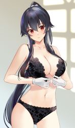 1girl black_bra black_hair black_panties blush bra breasts cleavage cowboy_shot eyes_visible_through_hair gloves hair_between_eyes hair_ribbon high_ponytail ichinomiya_(blantte) kantai_collection large_breasts long_hair looking_at_viewer navel open_bra panties parted_lips ponytail red_eyes ribbon sidelocks solo stomach unfastened underwear underwear_only undressing very_long_hair white_gloves white_ribbon yahagi_(kancolle)