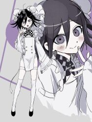 Rule 34 | 1girl, :d, black eyes, black hair, blush, bun cover, checkered neckerchief, crossdressing, crossdressing (ftm), danganronpa (series), danganronpa v3: killing harmony, double bun, full body, hair between eyes, hair bun, highres, jacket, long sleeves, multiple views, neckerchief, oma kokichi, open mouth, smile, standing, thighhighs, usagi mi nagi, white jacket, white thighhighs, wide sleeves