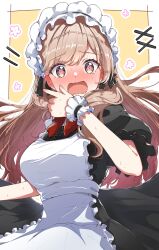 1girl absurdres apron black_dress blush bow bowtie brown_eyes brown_hair dress frilled_apron frills full-face_blush highres long_hair maid maid_apron maid_headdress open_mouth red_bow red_bowtie rio_beginner sena_ajisai short_sleeves solo sweatdrop watashi_ga_koibito_ni_nareru_wake_naijan_murimuri! white_apron white_headdress wrist_cuffs