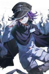 Rule 34 | 1boy, black cloak, black scarf, buttons, checkered clothes, checkered scarf, chinese commentary, cloak, collared cloak, commentary request, danganronpa (series), danganronpa v3: killing harmony, double-breasted, feet out of frame, floating cape, grin, hair between eyes, hand on headwear, hat, high collar, highres, jacket, maisuiren, male focus, multicolored buttons, name tag, oma kokichi, one eye covered, pale skin, pants, peaked cap, purple eyes, purple hair, sample watermark, scarf, short hair, simple background, smile, solo, torn cloak, torn clothes, two-tone scarf, watermark, watermark grid, white background, white jacket, white pants, white scarf