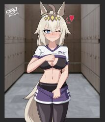 1girl :3 absurdres animal_ears artist_logo artist_name black_pantyhose blue_eyes blue_shorts blurry blurry_background blush bra breasts cleavage closed_mouth clothes_pull collarbone commentary cowboy_shot ear_ornament english_commentary grey_hair gym_uniform hair_between_eyes hair_ornament heart highres horse_ears horse_girl horse_tail indoors julian_belkan kasamatsu_tracen_training_uniform locker locker_room logo long_hair looking_at_viewer medium_breasts multicolored_hair navel oguri_cap_(umamusume) pantyhose pantyhose_under_shorts shirt shirt_pull shorts shorts_pull sidelocks smile solo standing stomach streaked_hair tail umamusume umamusume:_cinderella_gray underwear wavy_mouth white_shirt