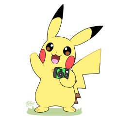 animal_ears camera colored_skin dot_nose gen_1_pokemon happy holding holding_camera lai_(pixiv1814979) nintendo no_humans pikachu pokemon pokemon_(creature) solo tail white_background yellow_skin