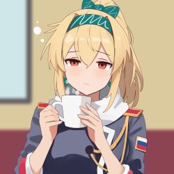 1girl absurdres blonde_hair blurry blurry_background bow closed_mouth coffee_mug commentary cup english_commentary girls&#039;_frontline green_bow green_hairband hair_bow hairband highres holding holding_cup indoors jacket long_hair looking_at_viewer military_jacket military_uniform mug myticalcat red_eyes russian_flag solo sv-98_(girls&#039;_frontline)
