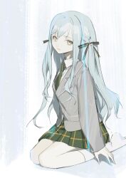 Rule 34 | 1girl, absurdres, bang dream!, bang dream! it&#039;s mygo!!!!!, blue background, blue hair, cerevevisiae, closed mouth, collared shirt, commentary, expressionless, full body, green necktie, green skirt, grey jacket, haneoka school uniform, hashtag-only commentary, highres, jacket, long sleeves, necktie, no shoes, plaid clothes, plaid skirt, pleated skirt, school uniform, seiza, shirt, sitting, skirt, socks, solo, togawa sakiko, white background, white shirt, white socks, yellow eyes