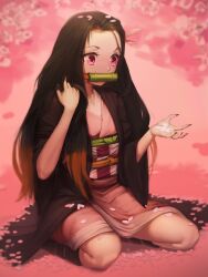 1girl absurdres bit_gag black_hair black_robe commentary english_commentary falling_petals fingernails full_body gag green_sash hand_in_own_hair hand_up highres japanese_clothes kamado_nezuko kimetsu_no_yaiba kimono leg_armor long_hair looking_at_object multicolored_hair numanoan orange_sash petals pink_background pink_eyes pink_kimono pink_petals red_hair robe sash sharp_fingernails sitting solo two-tone_hair wide_sleeves yokozuwari