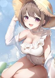 1girl absurdres ball beach beachball blue_sky blush breasts brown_hair closed_mouth cloud cloudy_sky collarbone covered_navel day frilled_one-piece_swimsuit frills harusaki_nodoka hat highres hololive large_breasts looking_at_viewer medium_hair ocean one-piece_swimsuit open_clothes open_mouth open_shirt pink_eyes saka_mikatsuki sand shirt single_off_shoulder sitting sky solo sun_hat swimsuit thighs virtual_youtuber white_one-piece_swimsuit white_shirt yellow_hat yokozuwari