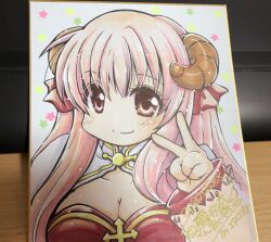 1girl arch_bishop_(ragnarok_online) blush breasts brown_eyes brown_horns cleavage cleavage_cutout closed_mouth clothing_cutout comiket_98 commentary_request cross dated dress fujii_ryou horns large_breasts long_hair looking_at_viewer pink_hair ragnarok_online red_dress shikishi smile solo two-tone_dress upper_body v white_dress