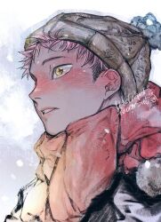 1boy black_hair blush cold from_side highres itadori_yuuji jozpic jujutsu_kaisen knit_hat male_focus nose pink_hair red_scarf scarf short_hair simple_background solo teeth undercut winter winter_clothes yellow_eyes