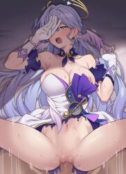 0haribo0 1boy 1girl absurdres armband bare_shoulders bead_bracelet beads bed_sheet blush bottomless bracelet breasts censored commentary_request covering_one_eye dress elbow_gloves face_jewel frilled_armband frills gloves gradient_wings green_eyes halo halo_behind_head head_wings hetero highres honkai:_star_rail honkai_(series) jewel_under_eye jewelry large_breasts long_hair looking_at_viewer lying mosaic_censoring motion_lines multicolored_wings navel on_back on_bed one_breast_out one_eye_covered open_mouth purple_dress purple_hair purple_sleeves purple_wings robin_(honkai:_star_rail) sex speed_lines spread_legs stomach strapless strapless_dress torn_clothes torn_dress two-tone_dress white_gloves white_wings wings