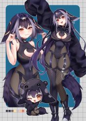 1girl 380_(artist) :3 animal_ears black_leotard black_thighhighs bodystocking breasts chibi cleavage_cutout clothing_cutout crescent crescent_hair_ornament fennec_fox fox_ears fox_girl fox_tail garter_straps hair_ornament highres indie_virtual_youtuber large_breasts leotard long_hair mismatched_thighhighs multicolored_hair multiple_views open_mouth purple_hair short_hair shrug_(clothing) single_fishnet_legwear sleeves_past_fingers sleeves_past_wrists solo tail thighhighs two-tone_hair virtual_youtuber