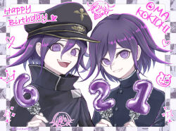 2boys :d black_cape black_hat cape character_name danganronpa_(series) danganronpa_v3:_killing_harmony dated dual_persona flipped_hair grin hair_between_eyes happy_birthday hat holding inukai_(inuuowoukai) male_focus medium_hair multiple_boys oma_kokichi open_mouth peaked_cap pink_eyes pink_hair school_uniform smile teeth