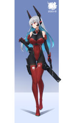 1girl absurdres android aqua_hair bare_shoulders blue_hair bodysuit boots breasts cleavage colored_inner_hair covered_navel elbow_gloves full_body gloves grey_hair gun handgun highleg highleg_leotard highres holding holding_gun holding_weapon holster large_breasts leotard long_hair maxilax mechanical_ears multicolored_hair original pouch red_eyes red_leotard red_thighhighs sheath solo standing sword thigh_boots thigh_gap thighhighs two-tone_hair weapon