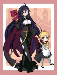 1other 2girls ahoge apron bag baguette black_cape black_dress black_shoes blonde_hair blue_eyes book border bread breasts cape center_frills closed_mouth dress dronia_(majo_no_ryodan) food frills hair_between_eyes highres holding holding_bag holding_book holding_hands hood hood_down large_breasts light_blush long_dress long_hair long_sleeves looking_at_viewer luca_(majo_no_ryodan) mary_janes multiple_girls outside_border purple_eyes purple_hair red_cape refrain_no_chika_meikyuu_to_majo_no_ryodan shirt shoes short_hair smile suaman two-tone_cape very_long_hair white_apron white_shirt wing_collar youro_rekitei