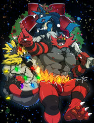 1boy 2others ? abs absurdres artist_name barefoot black_background bulge christmas christmas_lights claws commentary dated english_commentary fake_antlers furry furry_male gen_4_pokemon gen_7_pokemon hat highres holding holding_sack incineroar legendary_pokemon looking_at_another looking_at_object looking_at_viewer lucario male_underwear mistletoe multiple_others muscular muscular_male mythical_pokemon nintendo open_mouth pectorals pointing pokemon pokemon_(creature) red_male_underwear sack santa_hat snowjune speech_bubble spoken_question_mark underwear zeraora