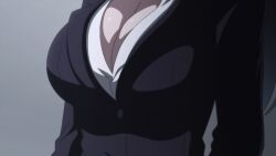 1girl animated animated_gif anime_screenshot breast_focus breasts brown_hair chabashira_sae classroom cleavage collar crossed_arms formal_clothes hidden_eyes hidden_face large_breasts long_bangs long_hair long_sleeves mature_female multicolored_hair ponytail shadow shirt solo suit talking teacher teeth two-tone_hair upper_teeth_only white_shirt whiteboard youkoso_jitsuryoku_shijou_shugi_no_kyoushitsu_e