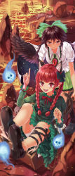 2girls absurdres animal_ear_fluff animal_ears black_hair black_shoes blush bone bow braid cat_ears cat_tail commentary_request constellation_print dress evefly_megane_p fang feathered_wings grave green_dress green_skirt hair_bow highres hitodama index_finger_raised kaenbyou_rin large_variant_set lava leg_ribbon long_hair long_sleeves looking_at_viewer multiple_girls multiple_tails no_socks open_mouth panties pantyshot red_eyes red_hair reiuji_utsuho ribbon rock shirt shoe_soles shoes short_sleeves sitting skirt skull smile tail teeth third_eye touhou twin_braids two_tails underwear upper_teeth_only variant_set wheelbarrow white_panties white_shirt wings