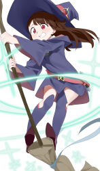 1girl absurdres blue_boots blue_hat boots broom broom_riding brown_hair commentary floating_hair hat highres holding holding_broom kagari_atsuko knee_boots large_hat little_witch_academia long_hair long_sleeves luna_nova_school_uniform red_eyes school_uniform simple_background solo teeth wako_(1194433260) white_background wide_sleeves witch witch_hat