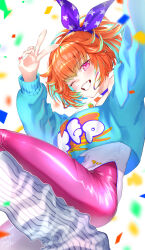 1girl absurdres arms_up blue_sweater bow_hairband breasts confetti earrings grin hairband highres hololive hololive_english hoop_earrings jewelry kakizuki5 large_breasts leggings leotard looking_at_viewer multicolored_hair official_alternate_costume one_eye_closed orange_hair purple_eyes purple_leggings ribbed_socks smile socks solo streaked_hair sweater takanashi_kiara takanashi_kiara_(fever_night) virtual_youtuber white_leotard wide_ponytail