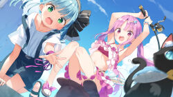 2girls animal arm_support arms_up bead_bracelet beads bikini black_cat black_footwear black_hairband blue_hair blue_shorts blue_sky blush bracelet brown_footwear cat cloud commentary_request day fish fishing_rod food_in_mouth green_eyes hair_ornament hairband hairclip heaven_burns_red highres holding holding_fishing_rod jewelry kani_biimu kneeling kunimi_tama long_hair low_twintails mouth_hold multiple_girls navel open_mouth outdoors parted_bangs pink_bikini pink_hair red_eyes rumi_(heaven_burns_red) sandals shirt shoe_soles short_sleeves shorts sky star_(symbol) star_hair_ornament striped_clothes striped_hairband suspender_shorts suspenders sweat swimsuit twintails v-shaped_eyebrows very_long_hair white_shirt x_x