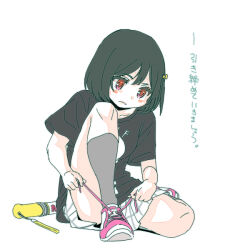 1girl black_hair black_shirt blush_stickers bob_cut closed_mouth commentary_request double-parted_bangs fang fang_out full_body glowstick love_live! love_live!_nijigasaki_high_school_idol_club medium_hair mifune_shioriko miniskirt official_alternate_costume orange_eyes penlight_(glowstick) pink_shoes plaid_clothes plaid_skirt pleated_skirt shinanoya_(satanicad) shirt shoes short_sleeves sif_staff_shirt simple_background skirt sneakers solo t-shirt translation_request tying_footwear white_background white_skirt