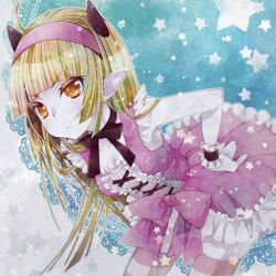 Rule 34 | ahoge, black bow, black horns, black ribbon, blonde hair, blunt bangs, blunt ends, blunt sidelocks, bow, bow choker, breasts, choker, cleavage, closed mouth, collarbone, colored eyelashes, colored skin, commentary request, cowboy shot, cross-laced clothes, cross-laced dress, demon girl, dragon quest, dragon quest x, dress, dress bow, frilled dress, frilled wrist cuffs, frills, hairband, hands on own hips, horizontal-striped thighhighs, horns, leaning forward, long hair, looking at viewer, looking to the side, pink thighhighs, pointy ears, purple bow, purple dress, purple hairband, purple skin, ribbon, rinverry, small breasts, star (symbol), striped clothes, striped thighhighs, thighhighs, utsubushi satsuki, white thighhighs, white trim, wrist cuffs, yellow eyes, zettai ryouiki