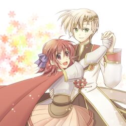 Rule 34 | 1boy, 1girl, :d, armor, blonde hair, bow, cape, circlet, closed mouth, coat, commentary request, cross, cross necklace, cross of prontera, earrings, floral background, gauntlets, gold trim, green eyes, hair bow, hetero, high priest (ragnarok online), holding hands, interlocked fingers, jewelry, long sleeves, looking at viewer, lord knight (ragnarok online), miniskirt, multicolored coat, necklace, open mouth, pauldrons, pink eyes, pink skirt, purple bow, ragnarok online, red cape, red coat, red hair, sharari, short hair, shoulder armor, skirt, smile, two-tone coat, white background, white coat