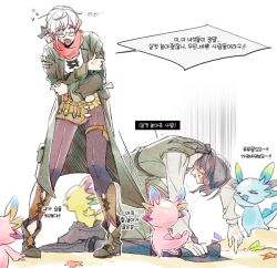 1boy 1girl black_ribbon glasses hands_on_own_arms mabinogi mascot morphidrianas_(mabinogi) multicolored_hair prostration rian_(bdl) ribbon round_eyewear two-tone_hair white_hair