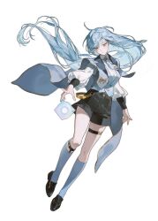 1girl blue_hair breasts character_request collared_shirt cube floating floating_object grey_eyes hair_between_eyes highres kneehighs long_hair long_sleeves necktie puffy_sleeves shirt simple_background skort socks solo source_request telekinesis thigh_strap very_long_hair white_background white_necktie white_shirt yongsil
