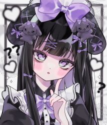 1girl :o ? aegyo_sal animal_ears black_hair blush bow bowtie commentary eyelashes fake_animal_ears hair_bow hair_ornament hairclip head_tilt highres jirai_kei long_hair looking_at_viewer maid maid_headdress original purple_bow purple_bowtie purple_eyes rabbit_hair_ornament solo symbol-only_commentary upper_body wata_meuko