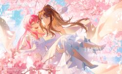 2girls absurdres alternate_hairstyle arm_up bang_dream! bang_dream!_it&#039;s_mygo!!!!! blue_eyes breasts bridal_veil brown_hair cang_(akaga204) carrying carrying_person cherry_blossoms chihaya_anon chinese_commentary commentary_request dress elbow_gloves female_focus gloves grey_eyes high_heels highres long_hair medium_breasts multiple_girls nagasaki_soyo one_eye_closed open_mouth pink_hair ponytail princess_carry shoes sidelocks sleeveless sleeveless_dress strapless strapless_dress teeth translation_request upper_teeth_only v veil wedding_dress white_dress white_gloves white_shoes wife_and_wife yuri
