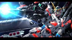 absurdres aiming commission full_armor_unicorn_gundam glowing glowing_eye green_eyes gun gundam gundam_unicorn highres holding holding_gun holding_weapon large_variant_set letterboxed looking_to_the_side mecha missile_pod mobile_suit no_humans nt-d papa-kun_(destiny549-2) robot science_fiction skeb_commission solo unicorn_gundam v-fin variant_set weapon
