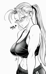 1girl absurdres bare_shoulders black_lagoon black_tank_top breasts cropped_shirt eda_(black_lagoon) glasses highres large_breasts long_hair looking_at_viewer midriff monochrome mostlybluewyatt navel ponytail solo stomach sunglasses sweat tank_top workout_clothes