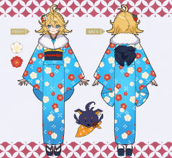 Rule 34 | 1girl, alternate costume, blonde hair, blue kimono, capelet, dog, doki amber doge (dokibird), dokibird (vtuber), ear tag, fang, feather hair, floral print, floral print kimono, floral print sleeves, flower, full body, fur capelet, green eyes, hachimitsu monte, hair between eyes, hair flower, hair ornament, highres, indie virtual youtuber, japanese clothes, kimono, long sleeves, looking at viewer, multiple views, obi, obiage, obijime, okobo, patterned background, platform sandals, print kimono, red flower, reference sheet, sandals, sash, scarf, shippou (pattern), short hair, skin fang, smile, socks, solo, standing, tabi, turnaround, virtual youtuber, white capelet, white flower, white socks, wide sleeves